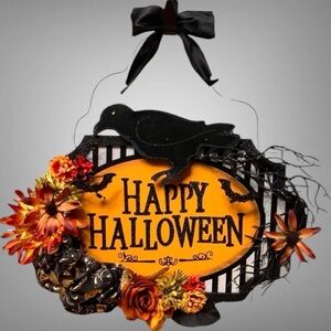 "Happy Halloween" black glitter floral decorated sign with crow